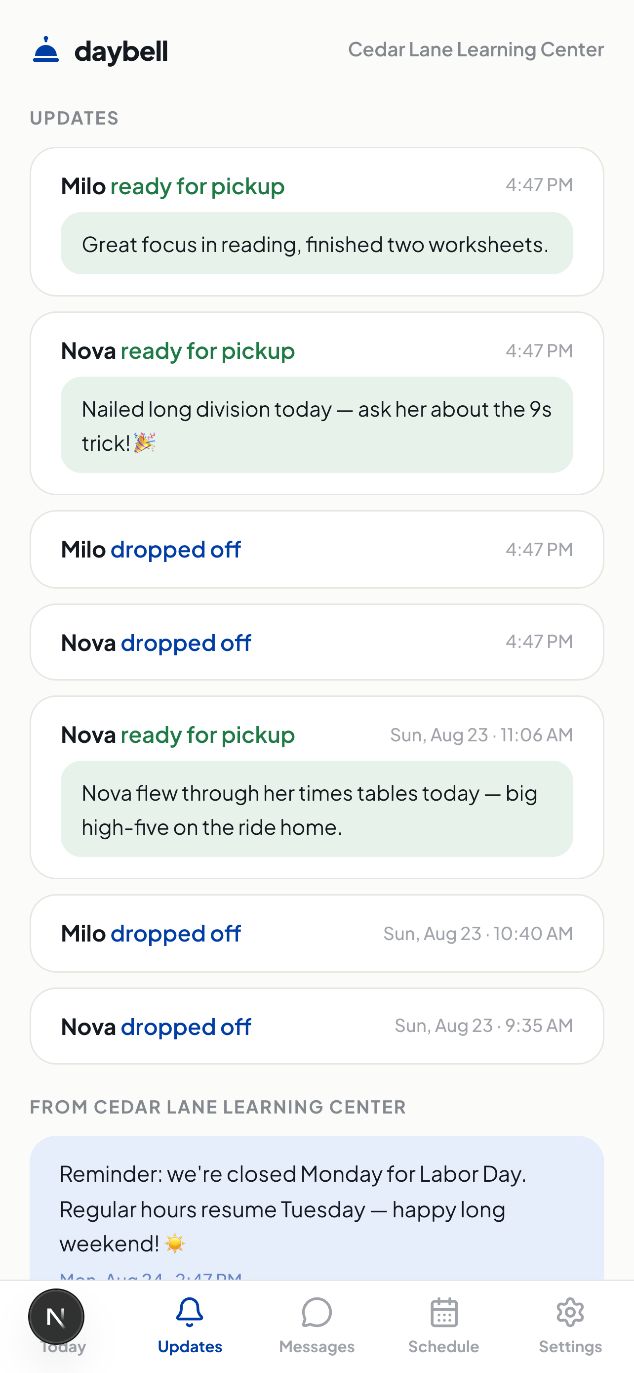 The updates feed: drop-offs, pickup notes, and center announcements, grouped by today and older